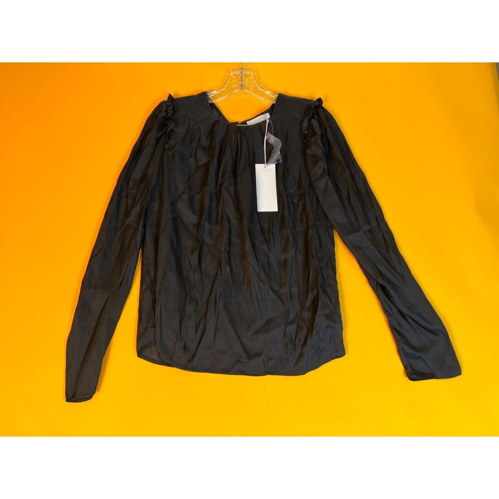 Lush Long Sleeve Satin Top Blouse Black Womens M Ruffle Trim Pullover Casual NWT